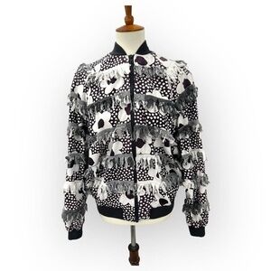 Vintage Paula Sweet Fringe Ruffle Flower Print Black White Bomber Jacket